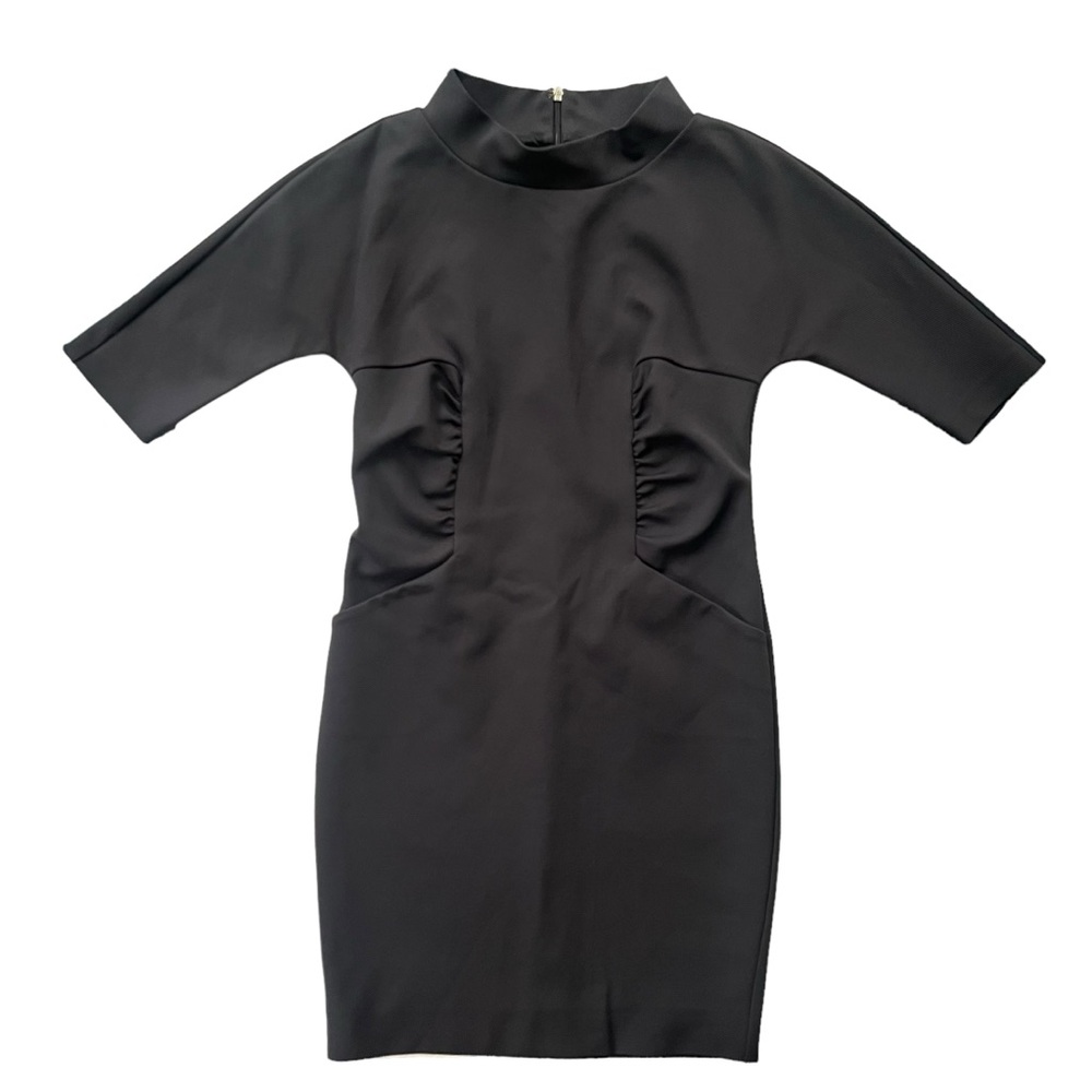Max Mara Womens Medium Black 3/4 Sl Mock Neck Texture Ruched Jersey Sheath Dress